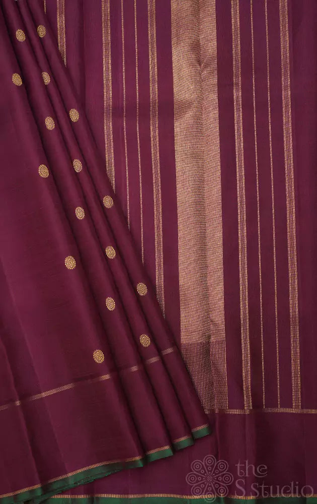 Brown kanchi silk saree with small buttas and rettai pet border