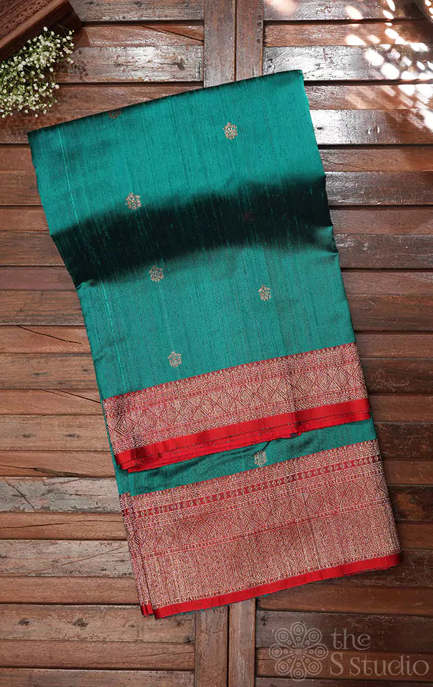 Rama blue handwoven banarasi raw silk saree with red border