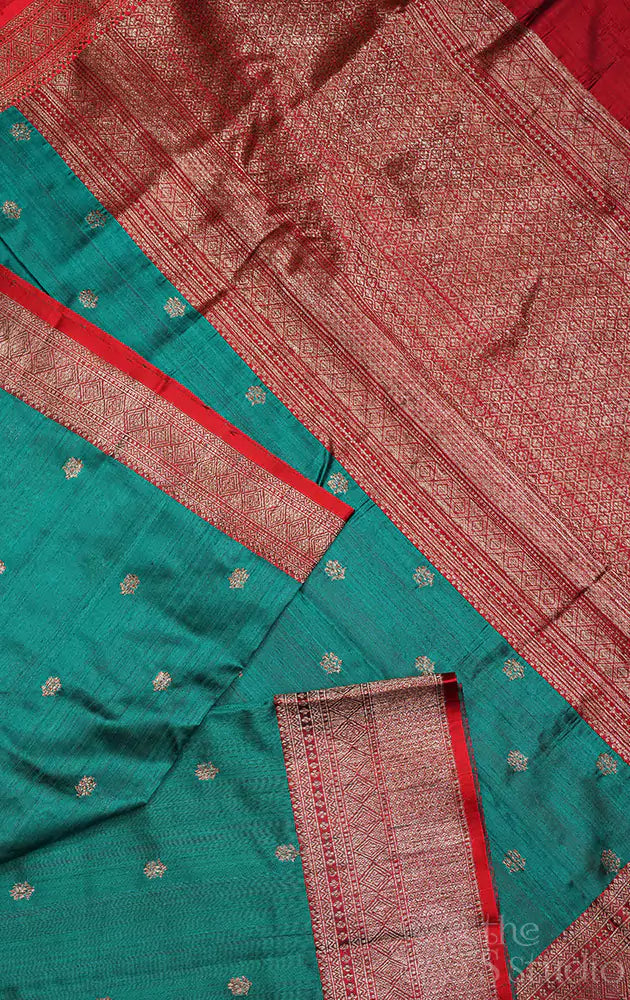 Rama blue handwoven banarasi raw silk saree with red border