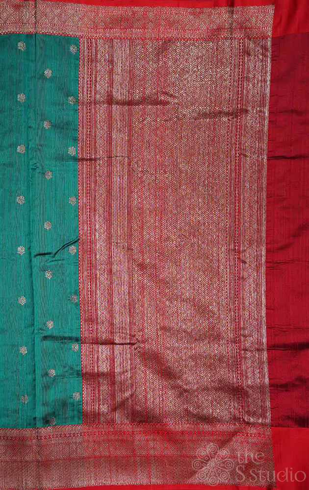 Rama blue handwoven banarasi raw silk saree with red border
