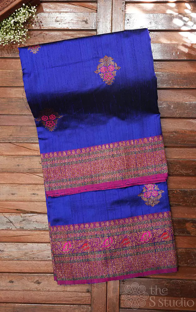 Royal blue handloom raw silk banarasi saree with magneta pallu
