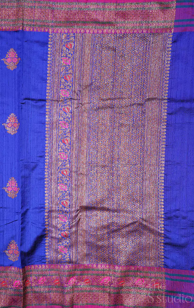 Royal blue handloom raw silk banarasi saree with magneta pallu