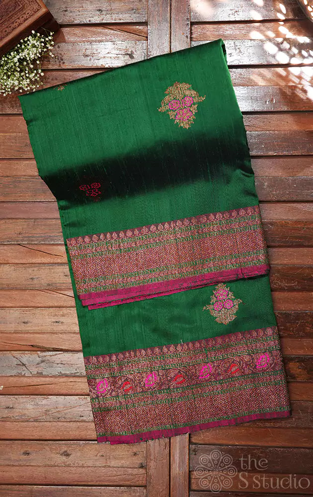 Green handwoven raw silk banarasi saree with magenta border