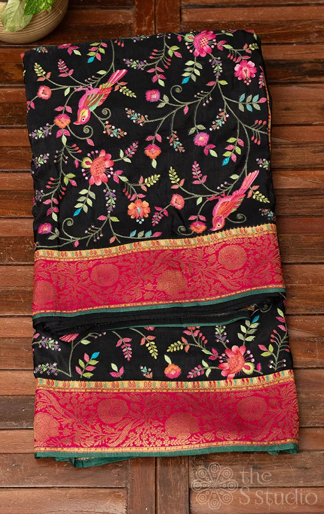 Black semi crepe banarasi silk saree with floral embroidery and contrast border