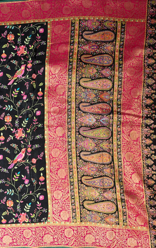 Black semi crepe banarasi silk saree with floral embroidery and contrast border