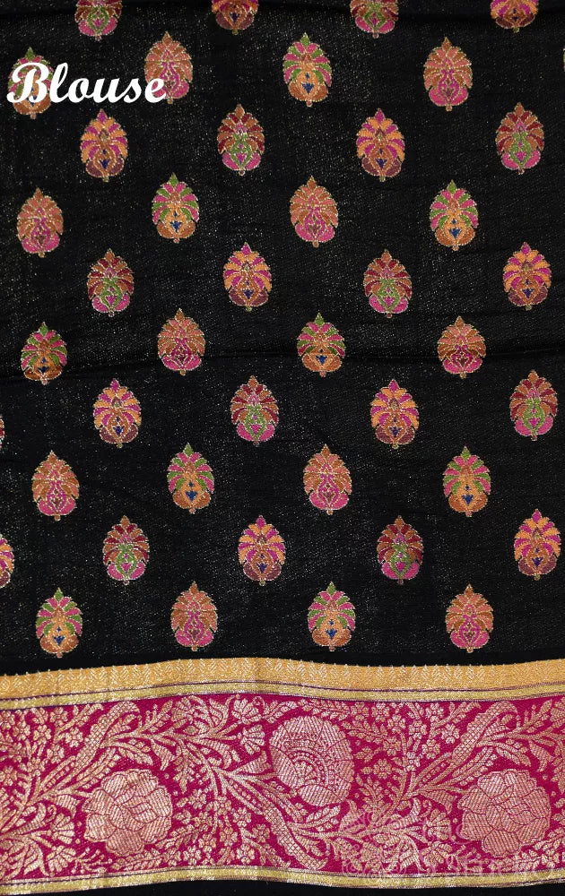 Black semi crepe banarasi silk saree with floral embroidery and contrast border
