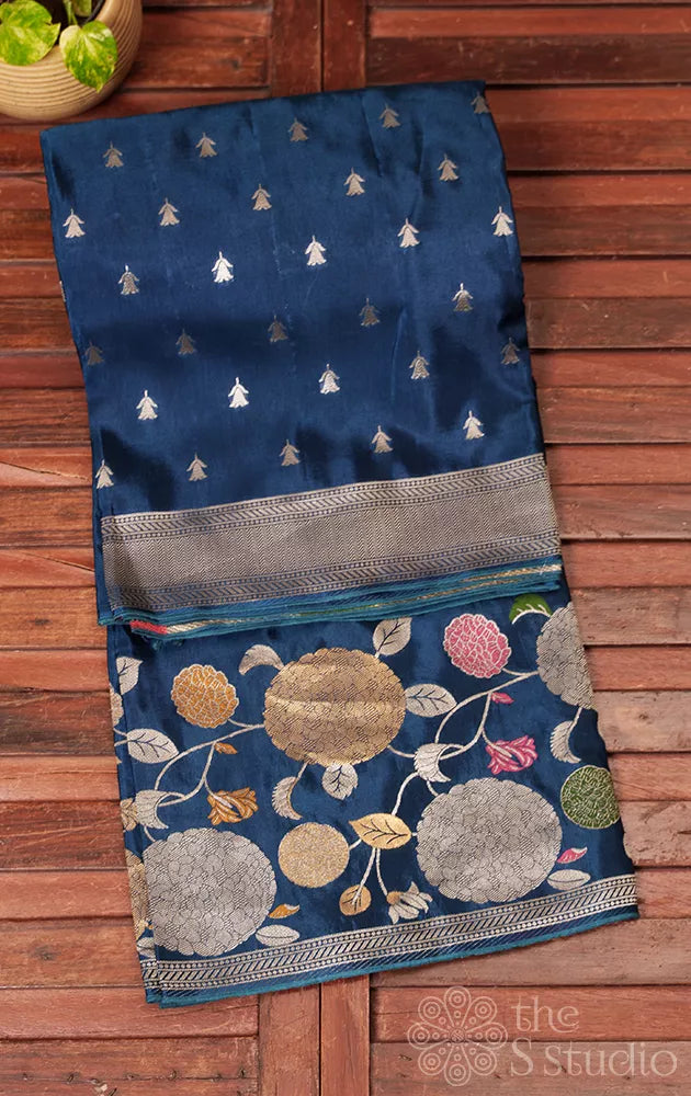 Blue semi banarasi satin silk saree with embroidery