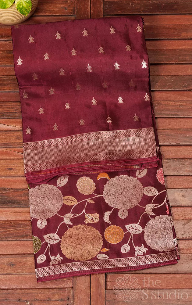 Burgundy colour semi banarasi satin silk saree with buttas
