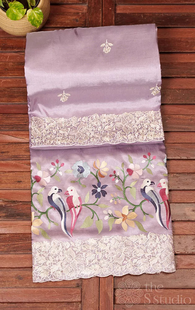 Lavender semi banarasi silk saree with bird embroidery