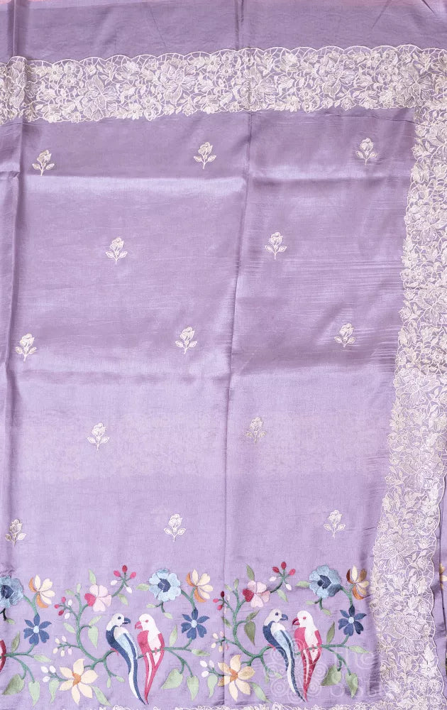 Lavender semi banarasi silk saree with bird embroidery