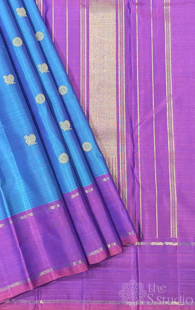 Peacock blue kanjivaram silk saree with purple border