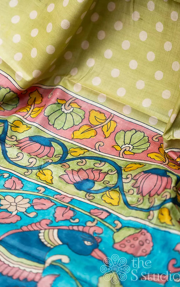 Pastel Green polka dots tussar silk saree with kalamkari pallu