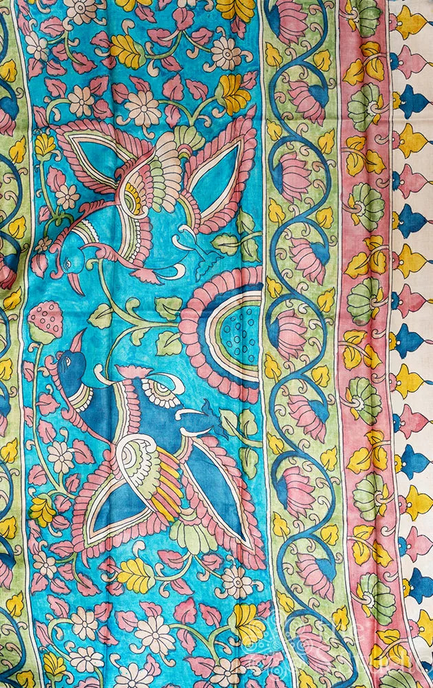 Pastel Green polka dots tussar silk saree with kalamkari pallu