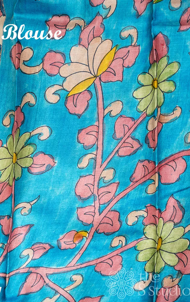 Pastel Green polka dots tussar silk saree with kalamkari pallu