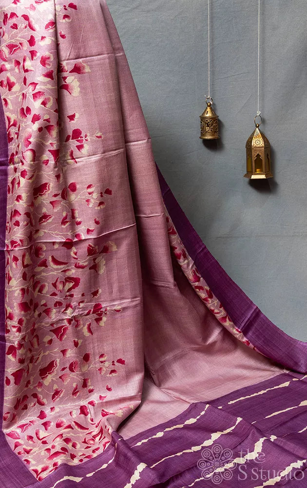 Lilac colour tussar silk saree with violet pallu