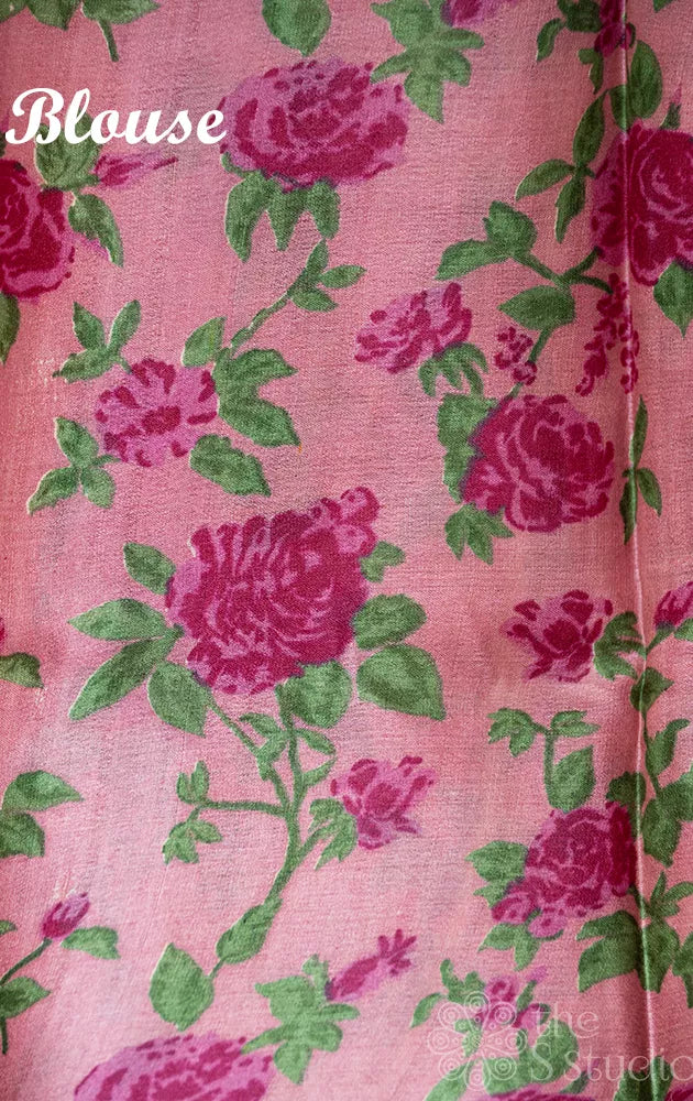 Rani pink tussar silk saree with polka dots and floral prints pallu