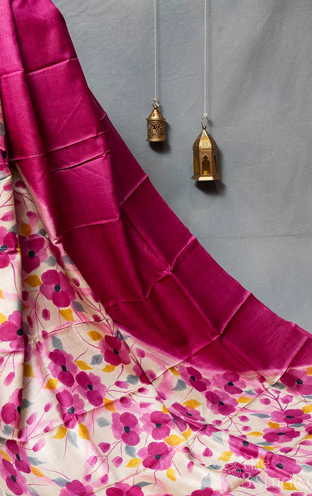 Magenta & off white hand painted tussar silk saree with floral motifs