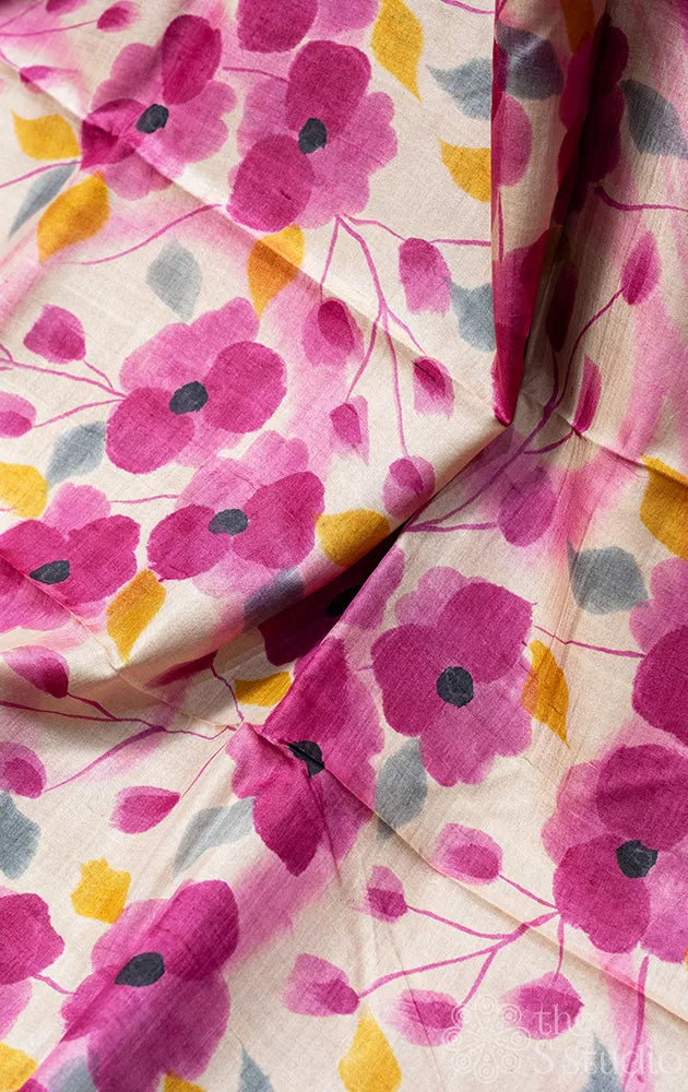 Magenta & off white hand painted tussar silk saree with floral motifs