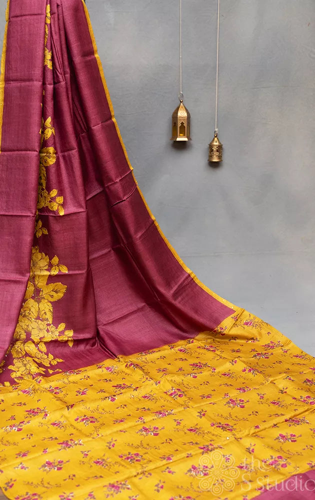 Maroon tussar silk saree with mustard floral prints