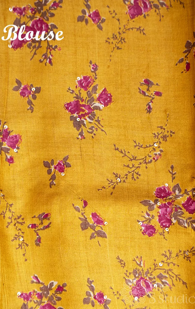 Maroon tussar silk saree with mustard floral prints