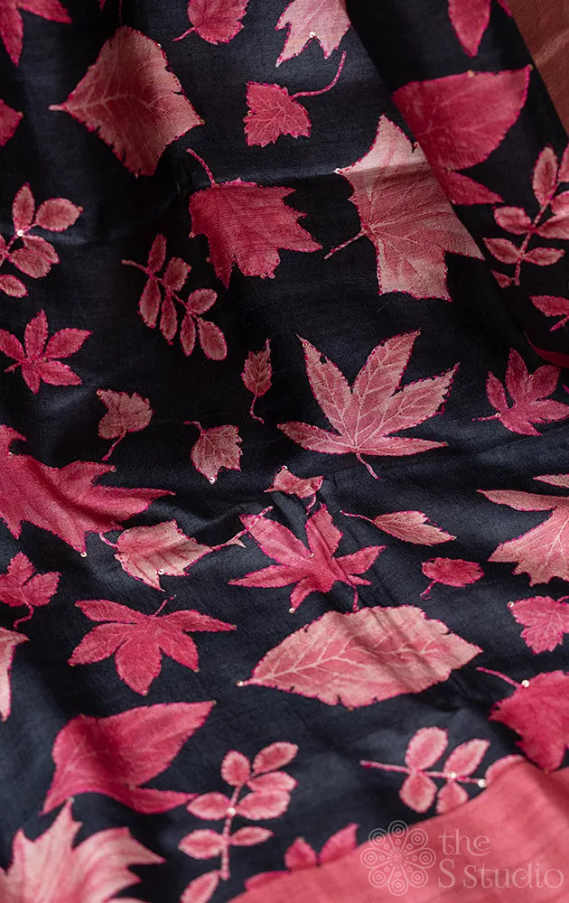 Black tussar silk saree with leaf prints and kantha embroidery