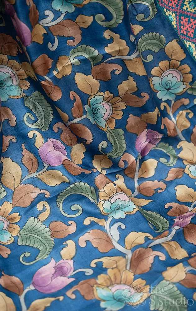 Navy blue hand-painted kalamkari tussar silk saree with kutch embroidery border