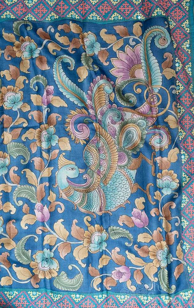 Navy blue hand-painted kalamkari tussar silk saree with kutch embroidery border