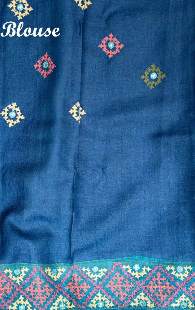 Navy blue hand-painted kalamkari tussar silk saree with kutch embroidery border