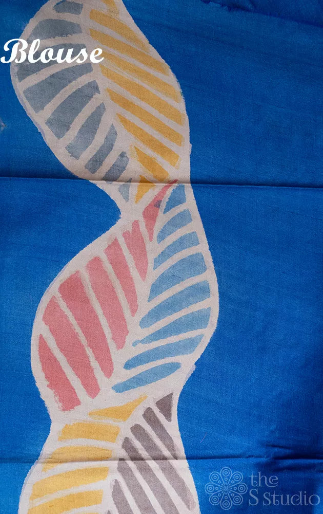 Grey tussar silk saree with hand-painted leaf designs and kutch embroidery