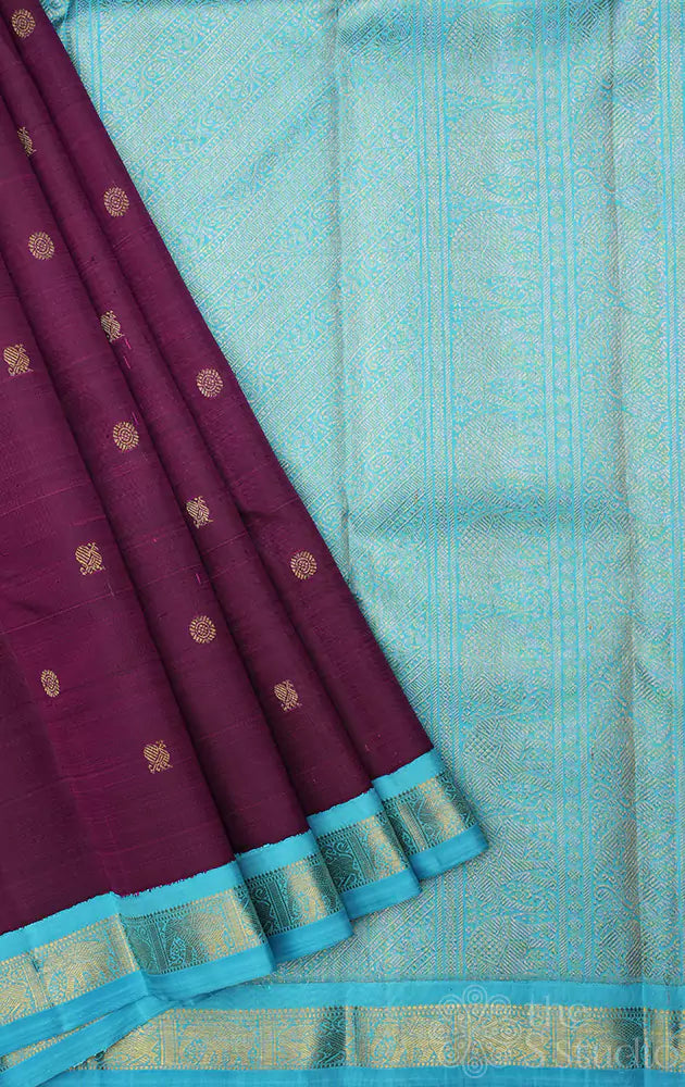 Purple kanchipuram silk saree with korvai blue border