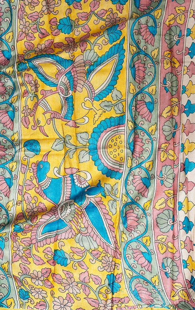 Blue polka dots tussar silk saree with kalamkari hand-painted pallu