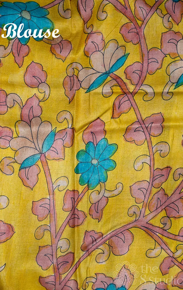 Blue polka dots tussar silk saree with kalamkari hand-painted pallu