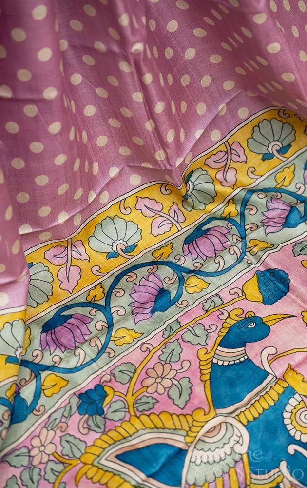 Lavender polka dots tussar silk saree with kalamkari pallu