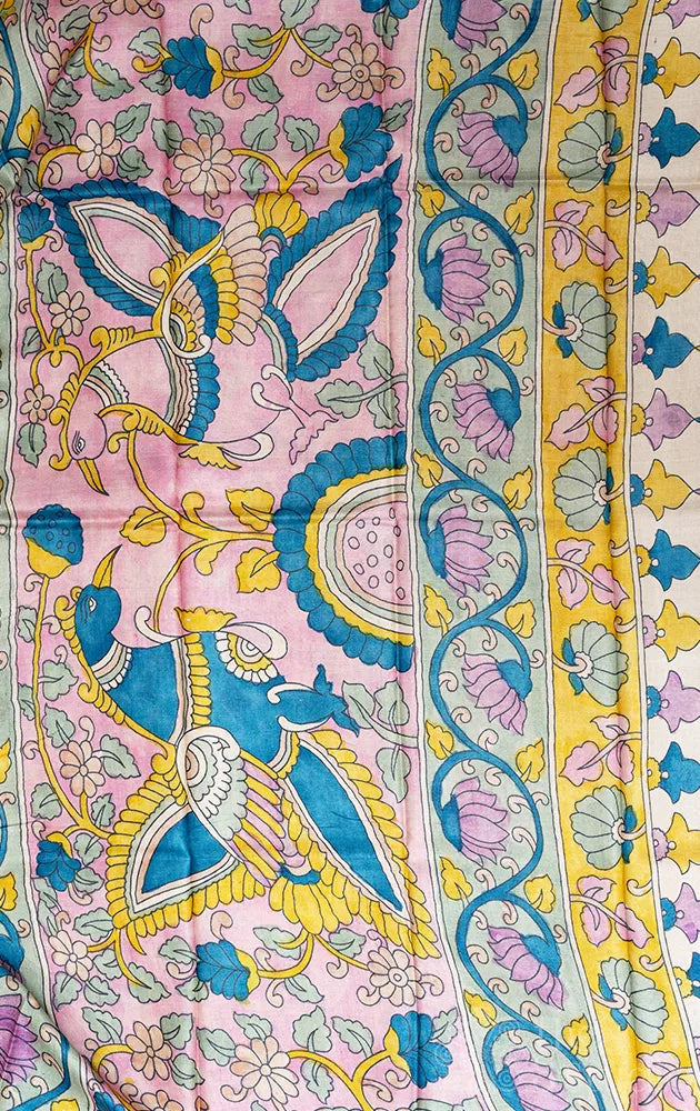 Lavender polka dots tussar silk saree with kalamkari pallu