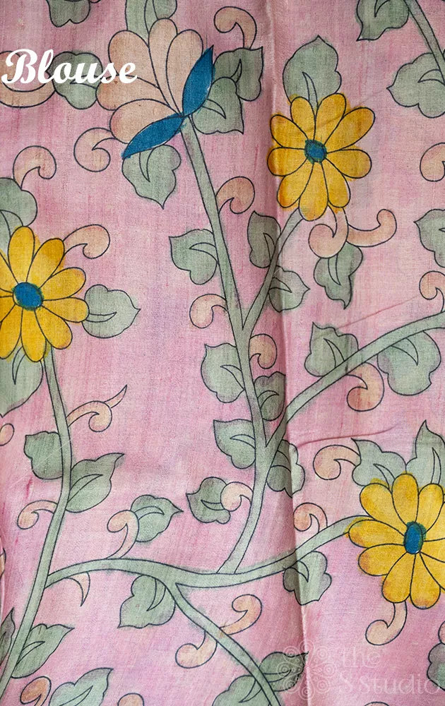 Lavender polka dots tussar silk saree with kalamkari pallu