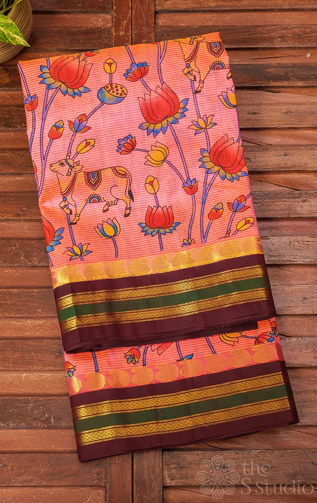 Peach silk cotton saree with pichwai prints