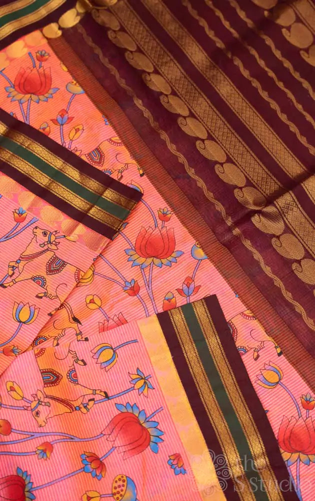 Peach silk cotton saree with pichwai prints