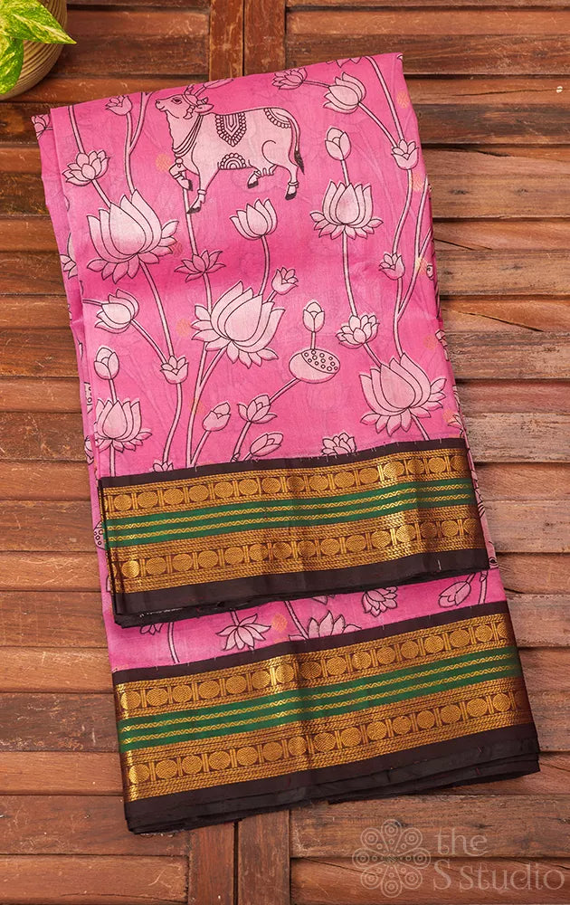 Rose pichwai printed silk cotton saree with brown border