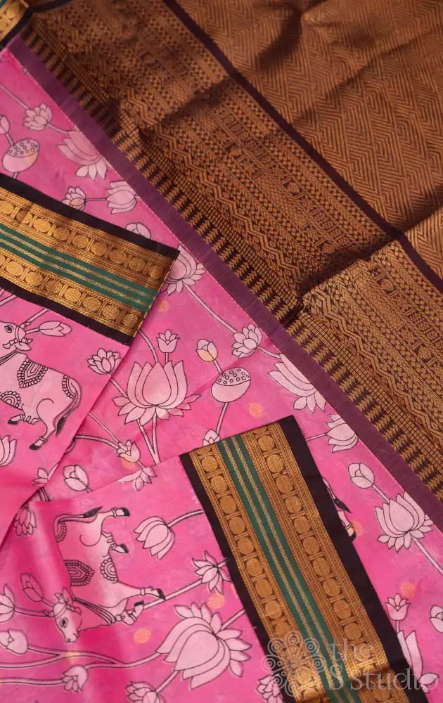 Rose pichwai printed silk cotton saree with brown border