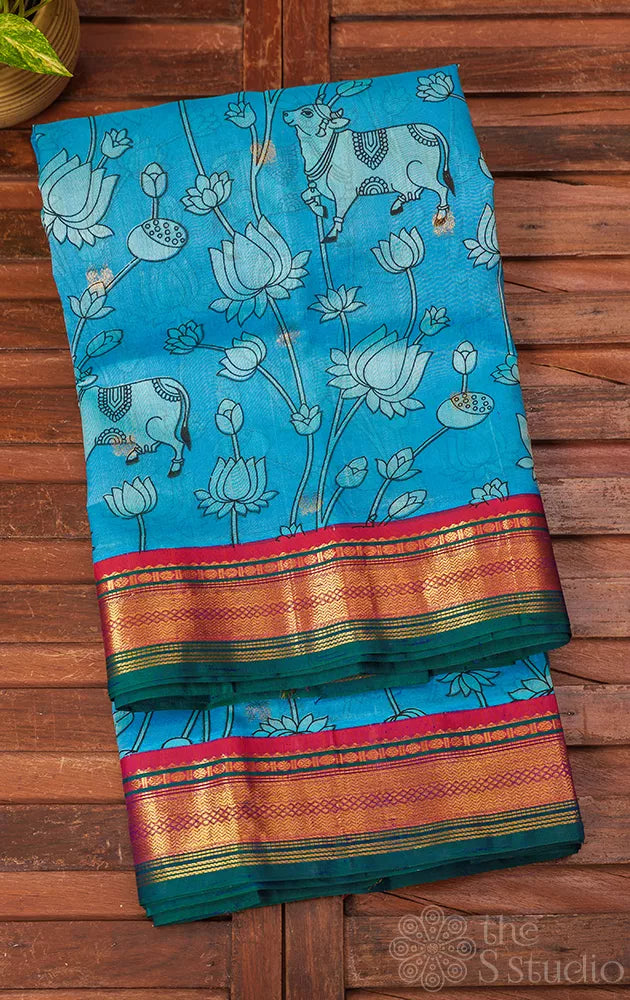 Light blue korvai silk cotton saree with magenta border