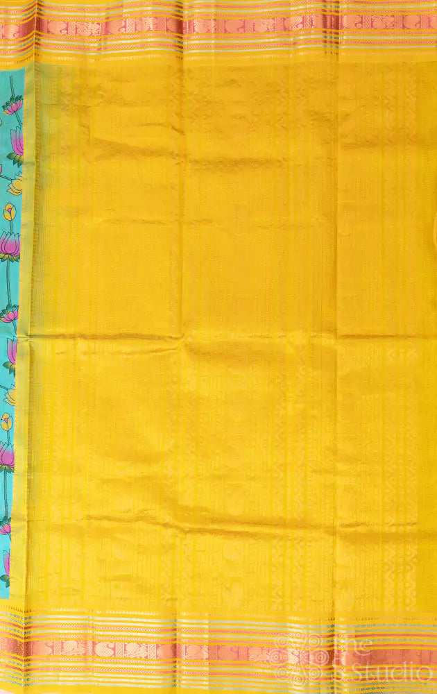 Sea green korvai silk cotton saree with pichwai prints