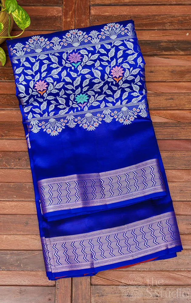 Navy blue chiniya banarasi silk saree with floral silver zari work