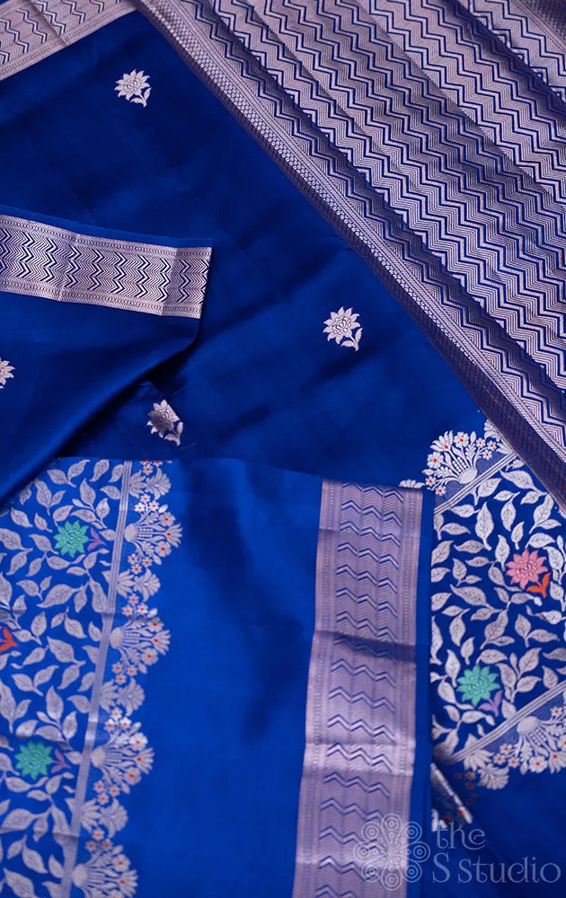 Navy blue chiniya banarasi silk saree with floral silver zari work