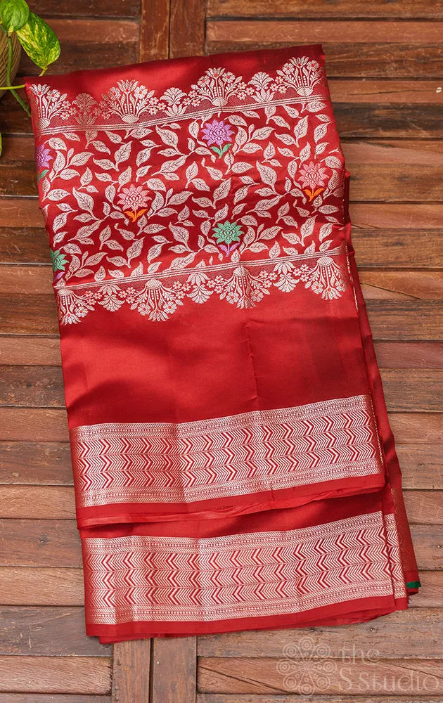 Maroon chiniya banarasi silk saree with contrast blouse