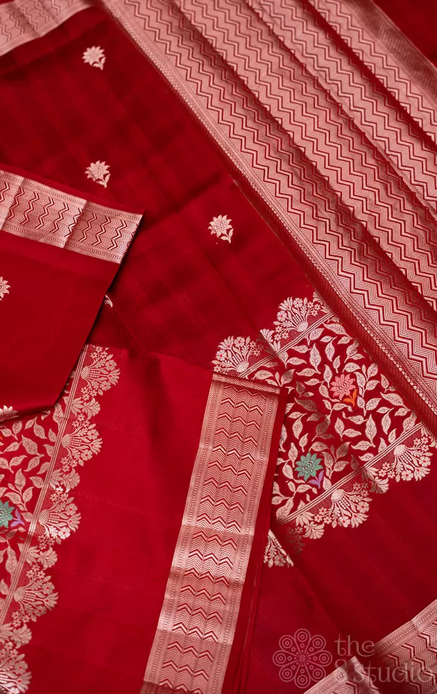 Maroon chiniya banarasi silk saree with contrast blouse