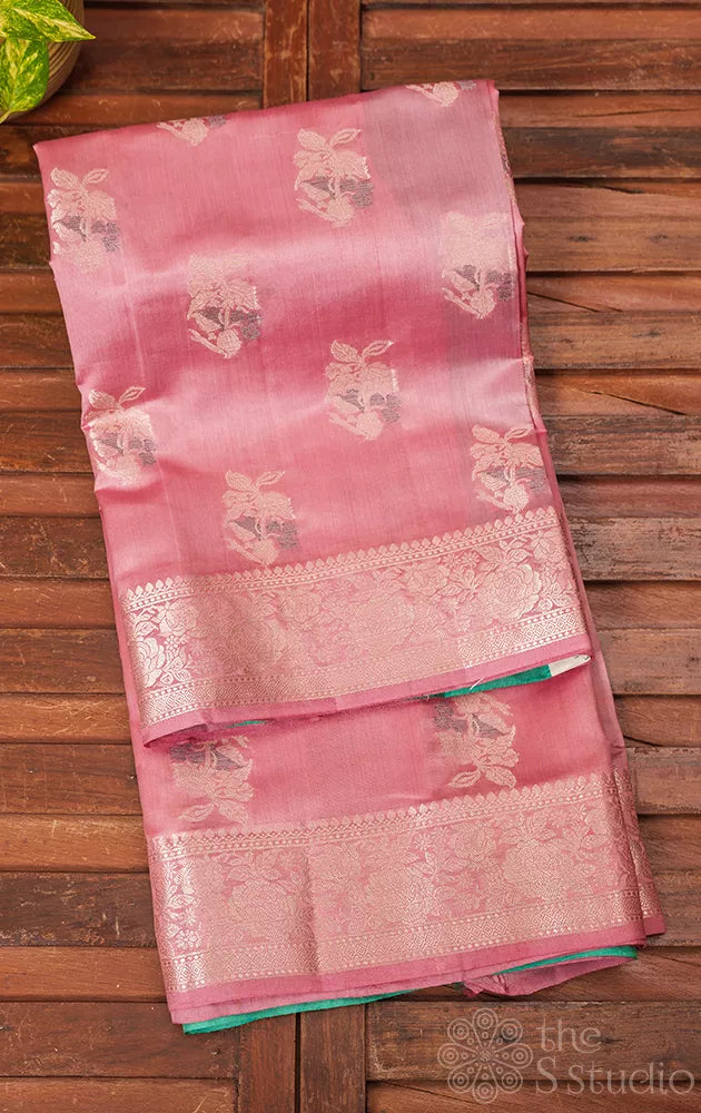 Light pink chiniya banarasi  silk saree with silver zari buttas