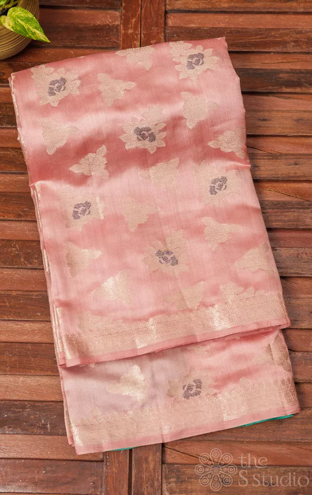 Peach chiniya banarasi silk saree with contrast blouse