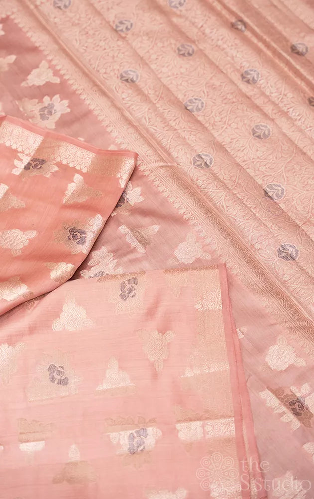Peach chiniya banarasi silk saree with contrast blouse