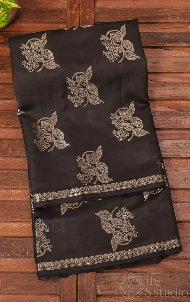 Black chiniya banarasi silk saree with thin silver zari border