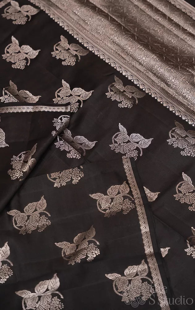 Black chiniya banarasi silk saree with thin silver zari border